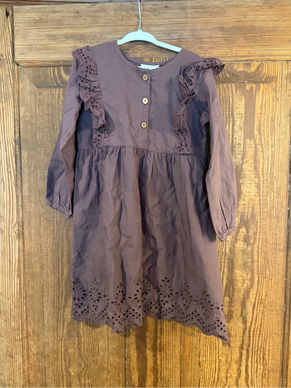 Girls 4 Brown Eyelet Ruffle Long-Sleeve Dress